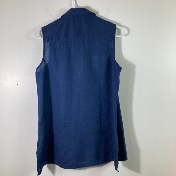 Womens Jones & Co Linen Shirt Sleeveless Button Navy M - Picture 2 of 6